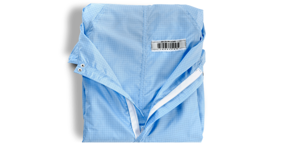 Micronclean garment with a barcode that is used for tracking progress within Micronclean.