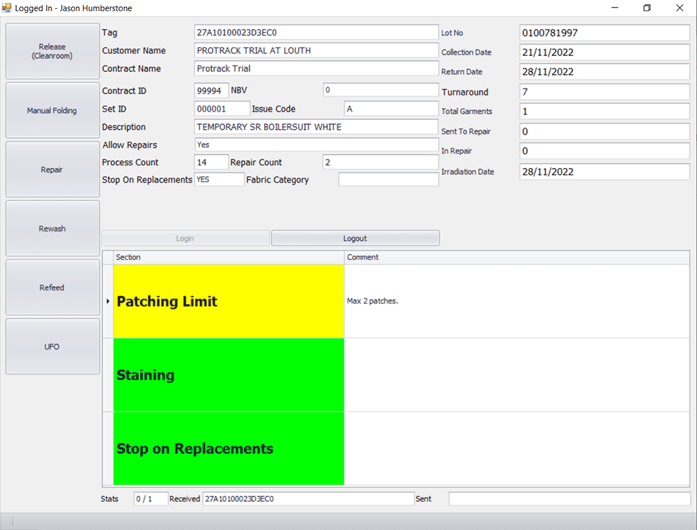 Screenshot of the Micronclean Protrack System